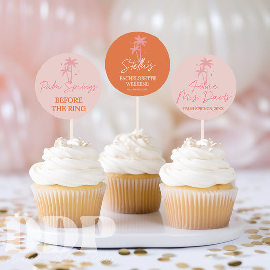 Palm Springs Bachelorette Cupcake Toppers | Palm Springs Before the Ring Bach Party Supplies | Retro Pink Orange Palm Springs Decor A12