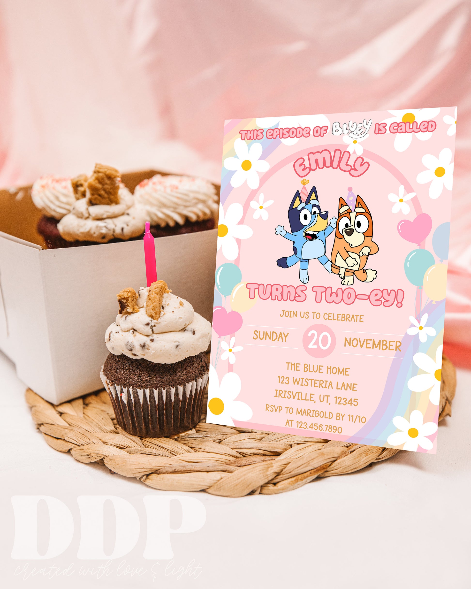 ANY AGE Blue Heeler Invitation | Dog Inspired Birthday Invite | Blue Theme Girls Birthday | Dog Party Pink Daisy Invite | A01