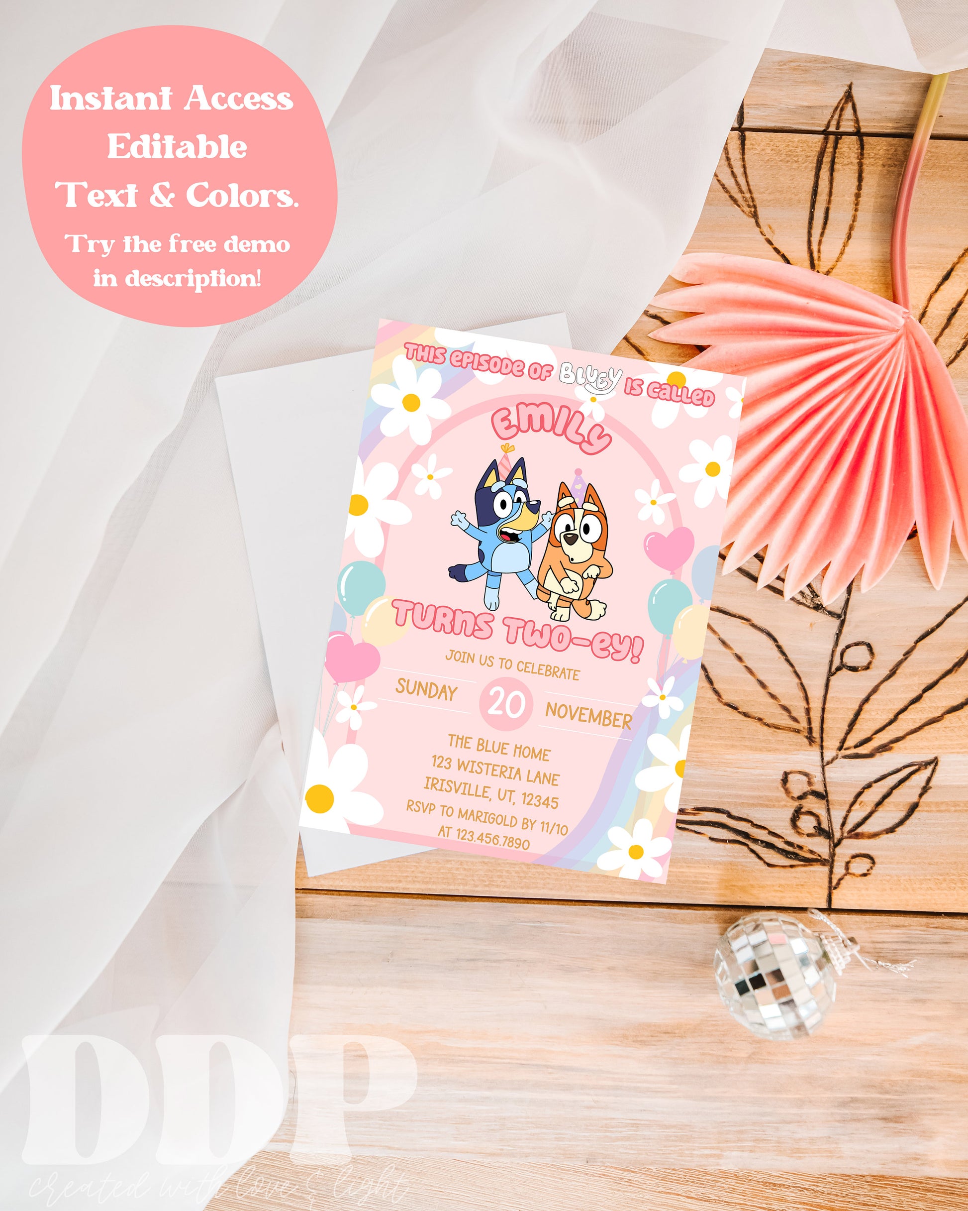 ANY AGE Blue Heeler Invitation | Dog Inspired Birthday Invite | Blue Theme Girls Birthday | Dog Party Pink Daisy Invite | A01