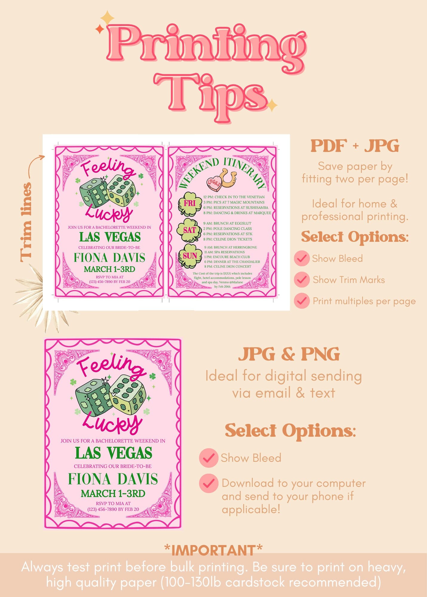 Viva Las Vegas Bachelorette Invitation and Itinerary | Feeling Lucky Bachelorette Weekend Invite | St Patty's Girls Trip Printable Itinerary