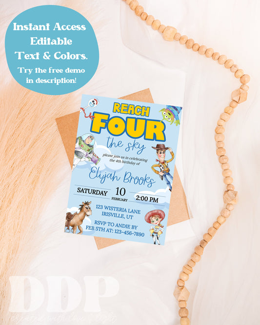 Reach Four The Sky Editable Birthday Invitation | Toy Story 4th Birthday Invitation | Toy Story Inspired Birthday | Reach 4 The Sky