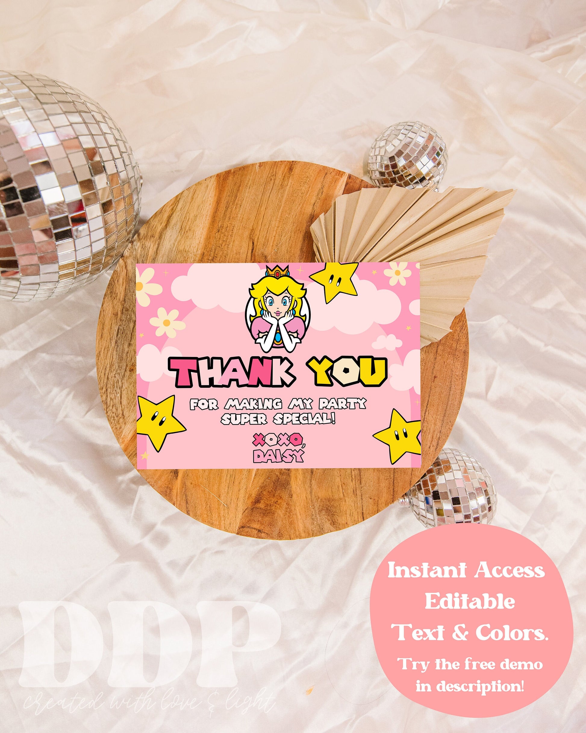 Princess Peach Thank You Card | Super Mario Party Decor | Peach Inspired Birthday Party Supplies | A08