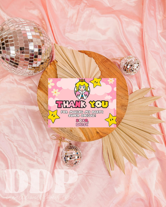 Princess Peach Thank You Card | Super Mario Party Decor | Peach Inspired Birthday Party Supplies | A08