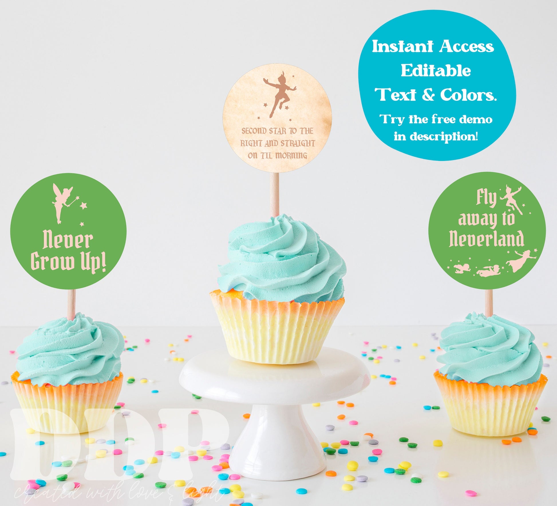 Peter Pan Cupcake Toppers | Neverland Theme Party Supplies | Never Grow Up Party Decor | Tinker Bell Party | Printable Birthday Decor | A10