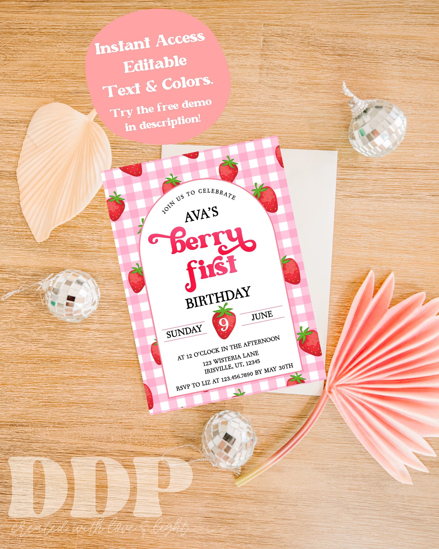 Berry First Birthday Invite | Strawberry Birthday Invitation for Girls | Sweet One 1st B-Day Editable Template