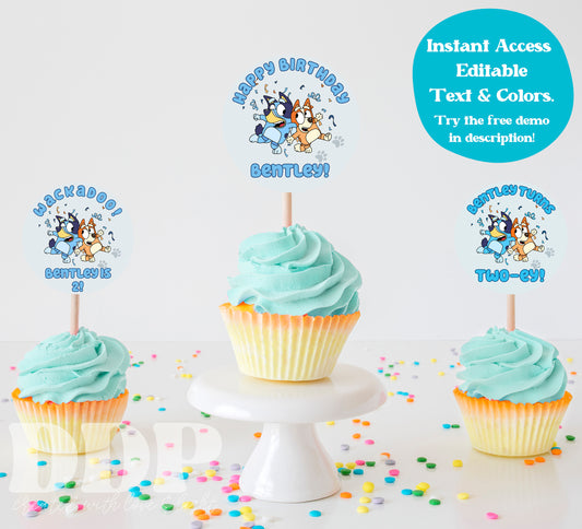 ANY AGE Boys Blue Dog Cupcake Toppers | Blue Dog Theme Birthday Party Supplies | Blue Dog Theme Birthday | A02