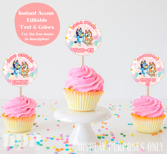 Blue Dog Cupcake Toppers | Blue Dog Theme Girls Birthday Party Supplies | Dog Party Pink Daisy | A01