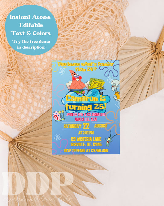 Funnier Then 24 25th Birthday Invitation Template | Funny 25th Birthday Invite | Printable Sponge Bob Invite | Editable Invite | A07