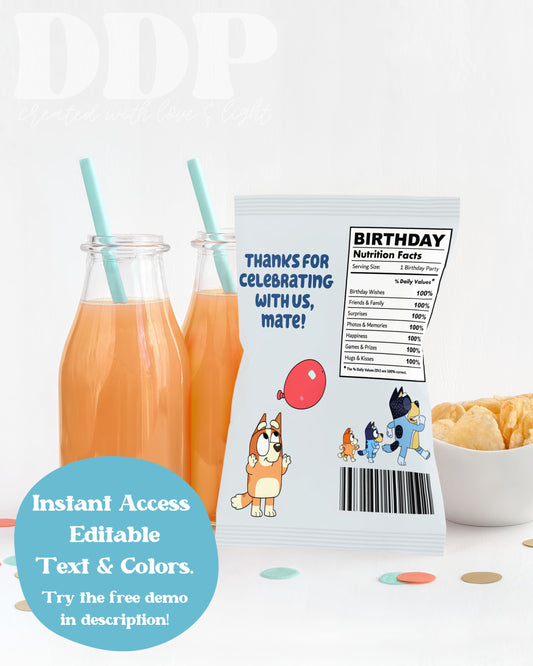 Blue Heeler Chips Bag Label | Boys Aussie Dog Birthday Blue Party Decor | Dog-Themed Party Treats | A02