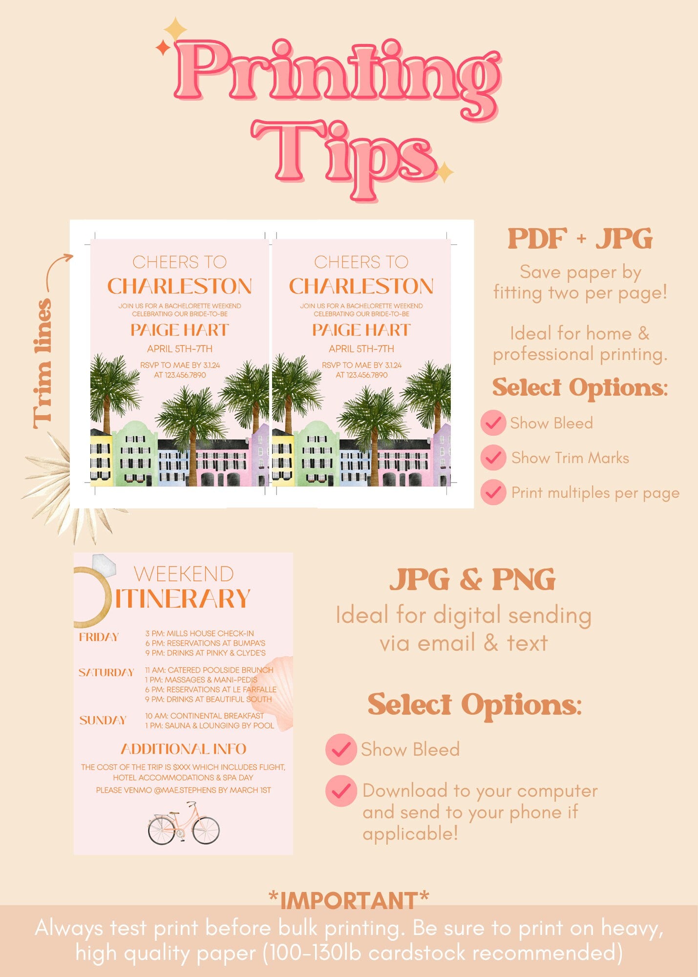 Charleston Bachelorette Invitation & Itinerary Template | Charleston Invitation | Rainbow Row Invite | Tropical Bachelorette Trip Itinerary