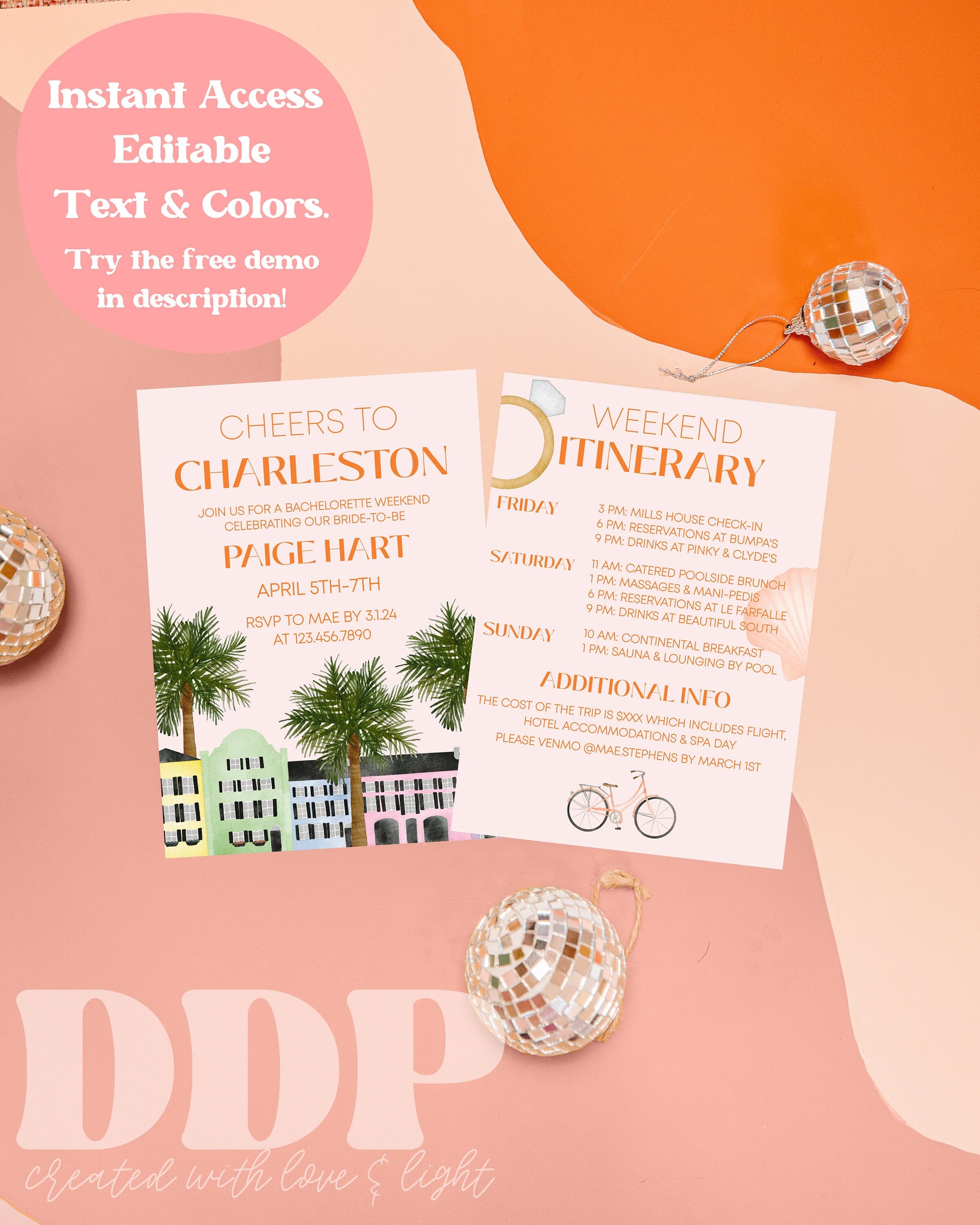 Charleston Bachelorette Invitation & Itinerary Template | Charleston Invitation | Rainbow Row Invite | Tropical Bachelorette Trip Itinerary