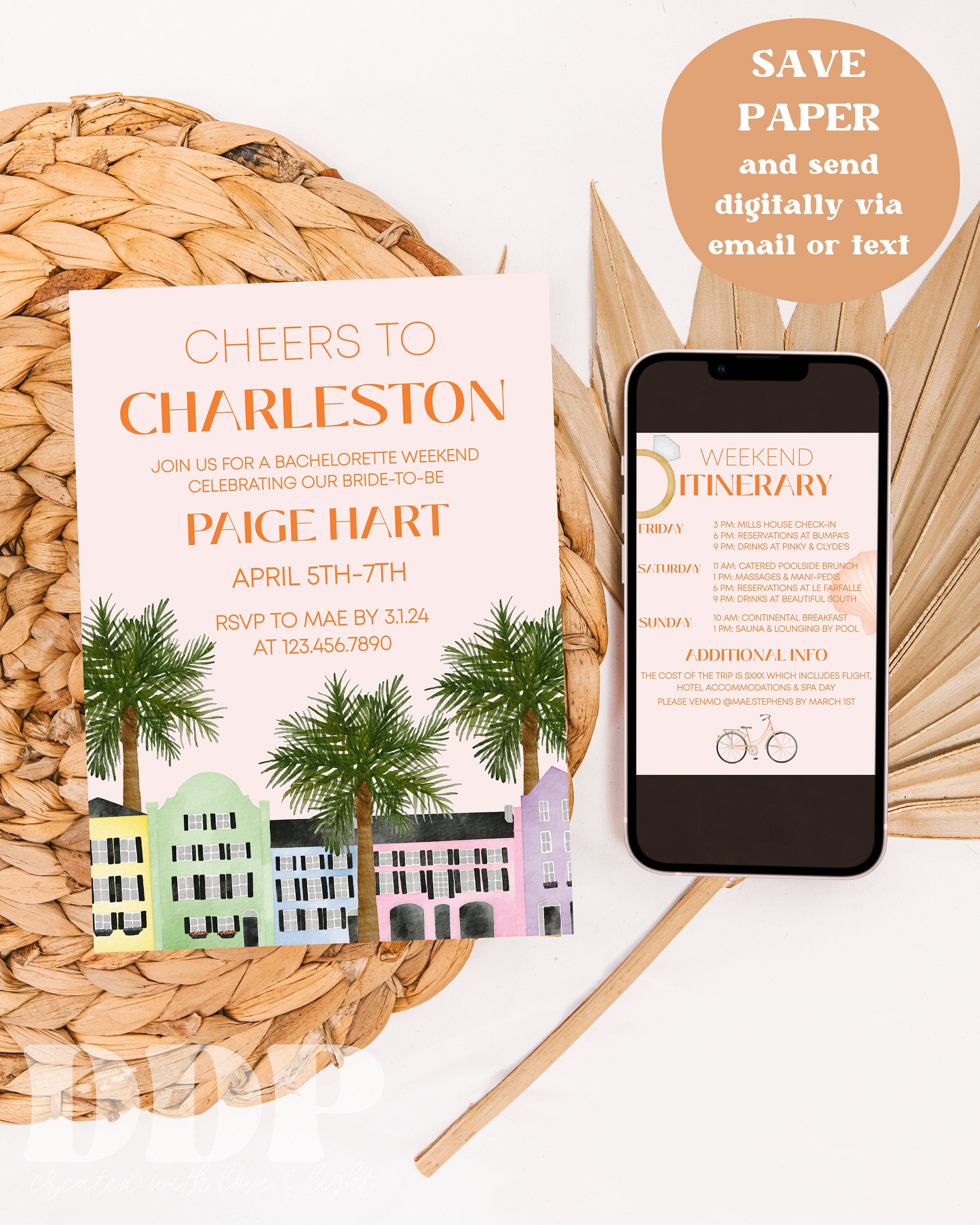 Charleston Bachelorette Invitation & Itinerary Template | Charleston Invitation | Rainbow Row Invite | Tropical Bachelorette Trip Itinerary