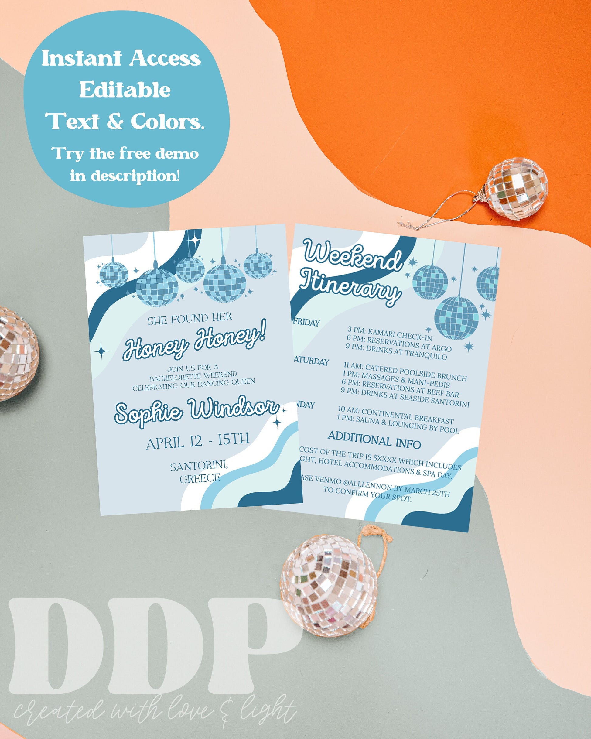 Mamma Mia Bachelorette Invitation & Itinerary | Editable 70s Bachelorette Invite | Dancing Queen Theme | Bride's Last Disco