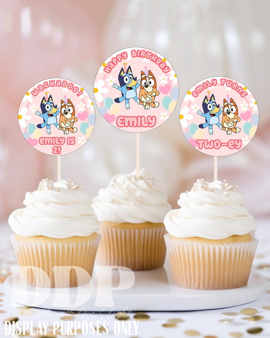 Blue Dog Cupcake Toppers | Blue Dog Theme Girls Birthday Party Supplies | Dog Party Pink Daisy | A01