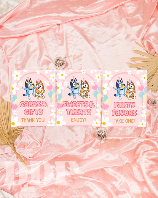 Aussie Dog Table Signs | Dog Heeler Theme Girls Birthday Decor | Cattle Dog Pink Daisy Party Supplies | A01